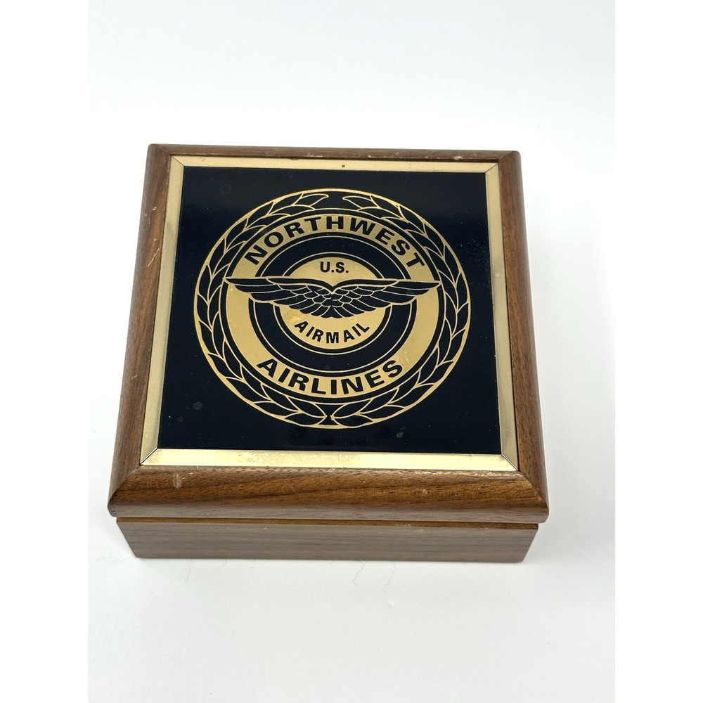 Vintage Northwest Airlines US Airmail Wooden Keepsake Box Hinged Felt Lined 5"